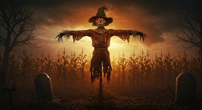 Scary halloween scarecrow in cornfield dark stormy night art red hat fear evil brown black eerie