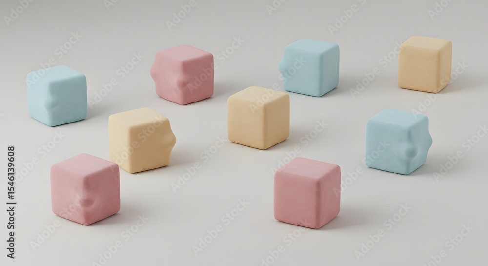 Poster pastel colored fondant cubes with bite marks scattered on a white surface in a studio setting