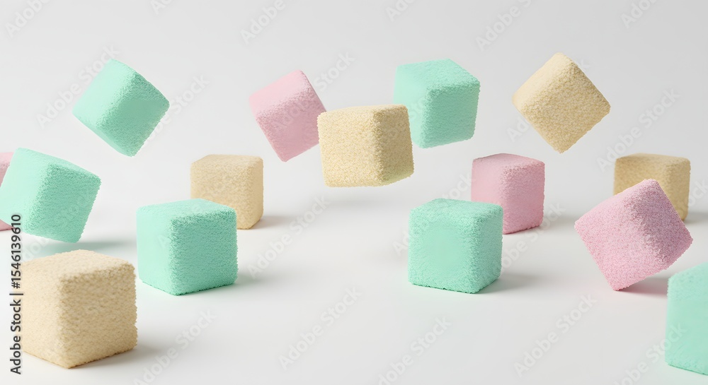 Poster pastel colored cube marshmallows floating in a white space creating a sweet and playful scene