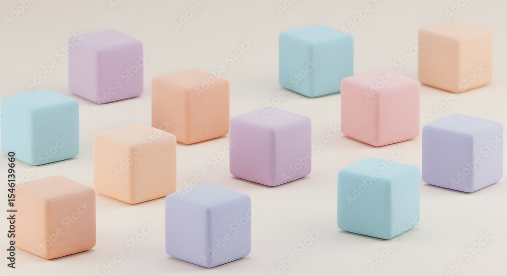 Poster a pastel assortment of cubes scattered on a light surface creating a soft and playful composition