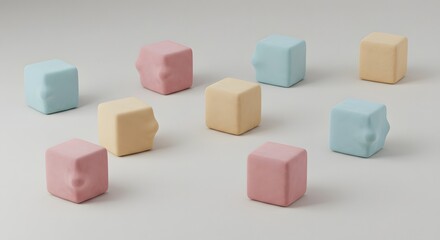 Obraz premium Pastel colored fondant cubes with bite marks scattered on a white surface in a studio setting
