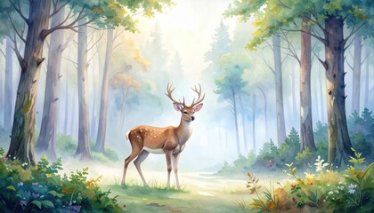 Majestic Deer in a Misty Forest Watercolor Painting Serene Nature Scene