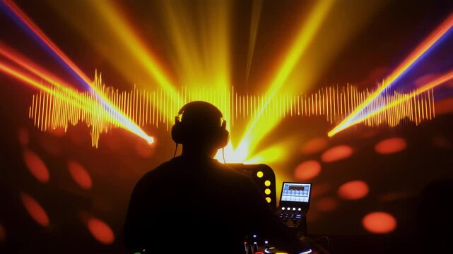 DJ silhouette performing with glowing soundwave visuals and laser beams in a vibrant nightclub scene