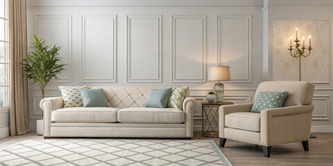 A Light Relaxing Room Interior Featuring a Sofa and Armchairs for Comfort