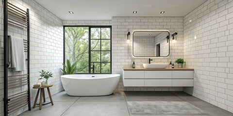 A Loft White Tile Bathroom Corner Featuring a Tub and Sink for a Clean Aesthetic