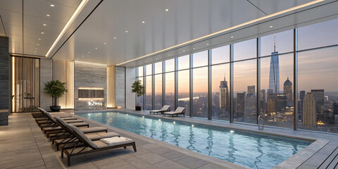 A Luxury Indoor Pool Interior Featuring Modern Lounge Chairs for Relaxation