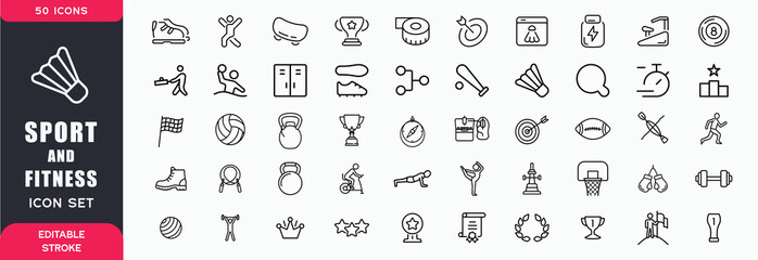 Sport and Fitness set of web icons in line style. Gym and fitness icons for web and mobile app. Healthy lifestyle, exercise, diet, nutrition, weight training, body care, workout. Editable stroke 