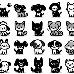 animal, cartoon, cat, dog, icon, set, vector