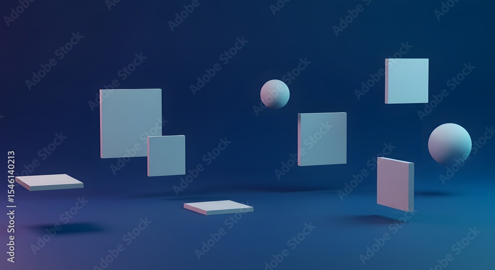 Poster floating squares and spheres in a blue gradient background with soft shadows and geometric shapes