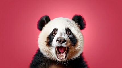 Obraz premium Panda bear is shown with its mouth wide open, looking surprised. The image has a playful and lighthearted mood