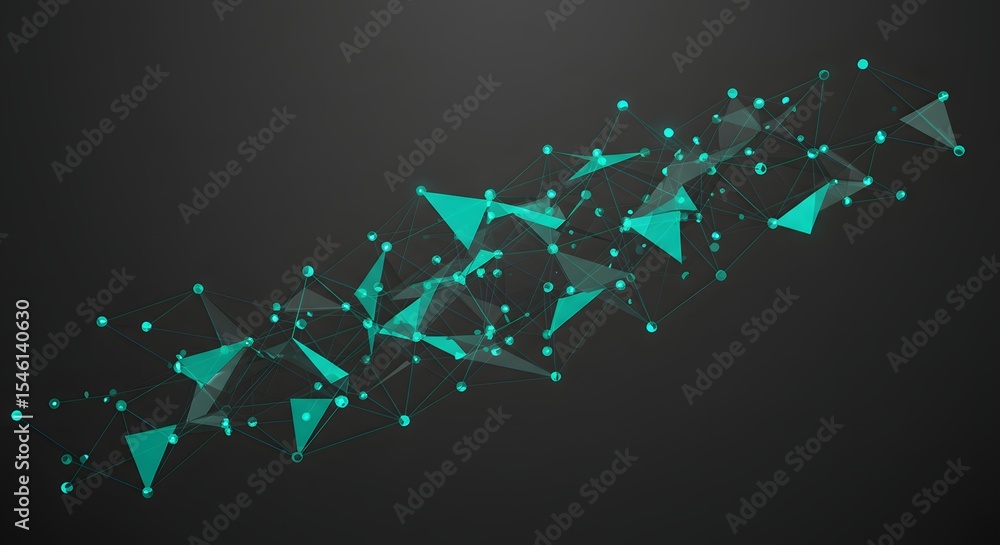 Poster abstract teal geometric shapes connected by lines on a dark gray gradient background design render