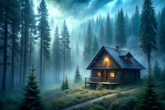 Secluded log cabin nestled in a misty, dark green forest at night
