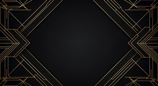 Geometric art deco design with gold lines on a black background creating a diamond shape frame