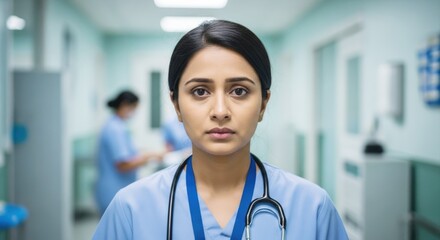 Confident Female Doctor Standing in Hospital Corridor with Stethoscope Ready to Help