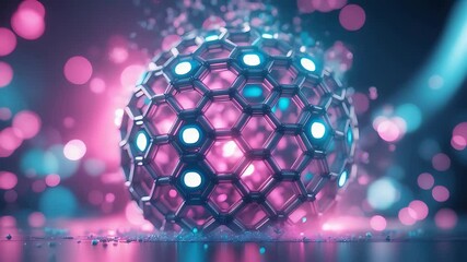 Futuristic Glowing Hexagonal Sphere Emitting Particles with Neon Pink and Cyan Lights in Abstract Sci-Fi Digital Environment

 - Powered by Adobe