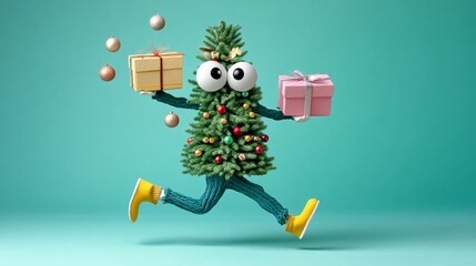 Fototapeta premium Christmas tree with a man in yellow boots holding presents. The tree is decorated with many ornaments and the man is running