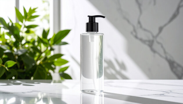 Transparent Shampoo Bottle On White Marble Surface Texture