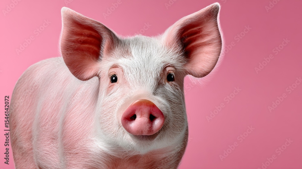 Poster pig with pink ears and a pink snout is staring at the camera. the image has a playful and lightheart