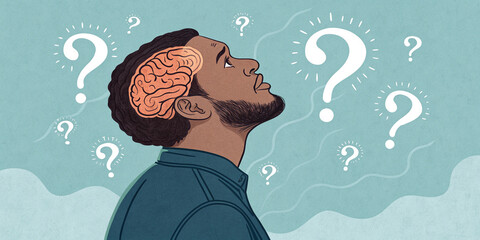 A Man with an Open Head Surrounded by Question Marks on a Turquoise Background Symbolizing Curiosity