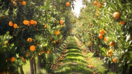 The video shows a well-tended orchard with rows of orange trees laden with fruit. Useful for advertising agricultural products, as well as for educational materials about fruit growing.
