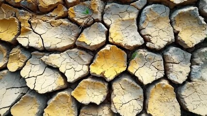 Close-up video of dry, cracked earth showing drought and natural textures. Used in nature documentaries and environmental presentations.
