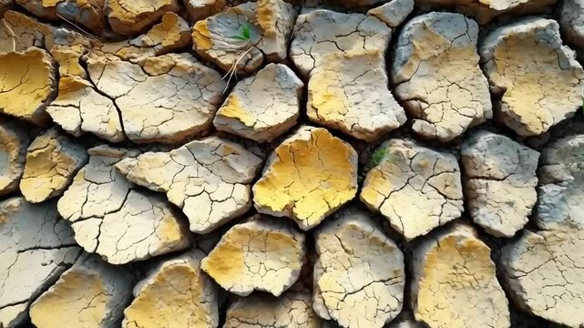 Close-up video of dry, cracked earth showing drought and natural textures. Used in nature documentaries and environmental presentations.
