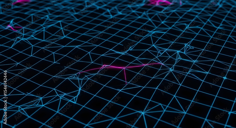 Poster a blue and pink grid with connecting lines on a black background, angled perspective showing depth