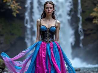 Fototapeta premium Woman in dramatic blue pink dress with black corset top at waterfall, flowing colorful skirt, natural backdrop, outdoor fashion portrait