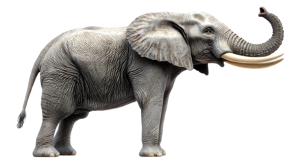 A large african elephant standing with its trunk raised in the air on transparent background png