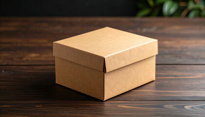 Brown Paper Tea Box On Dark Wood With Soft Shadow