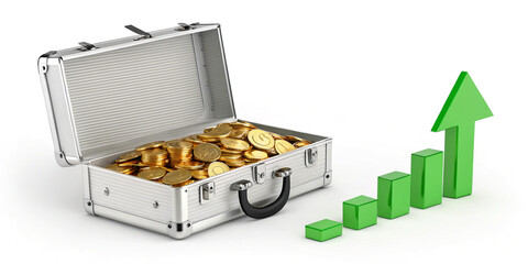 A Metallic Briefcase Filled with Gold Coins and Green Currency Representing Wealth and Success