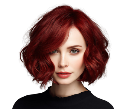 Korean Bob Haircut in Wine Red, Wine Red Hair in Medium Korean Wave Bob Cut, Wine Red Hair with Vibrant Red Tone and Isolated Styling, Sleek Korean-Inspired Wine Red Hair Bob