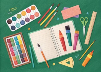 Colorful School Supplies Including Pencils, Markers, and Watercolors