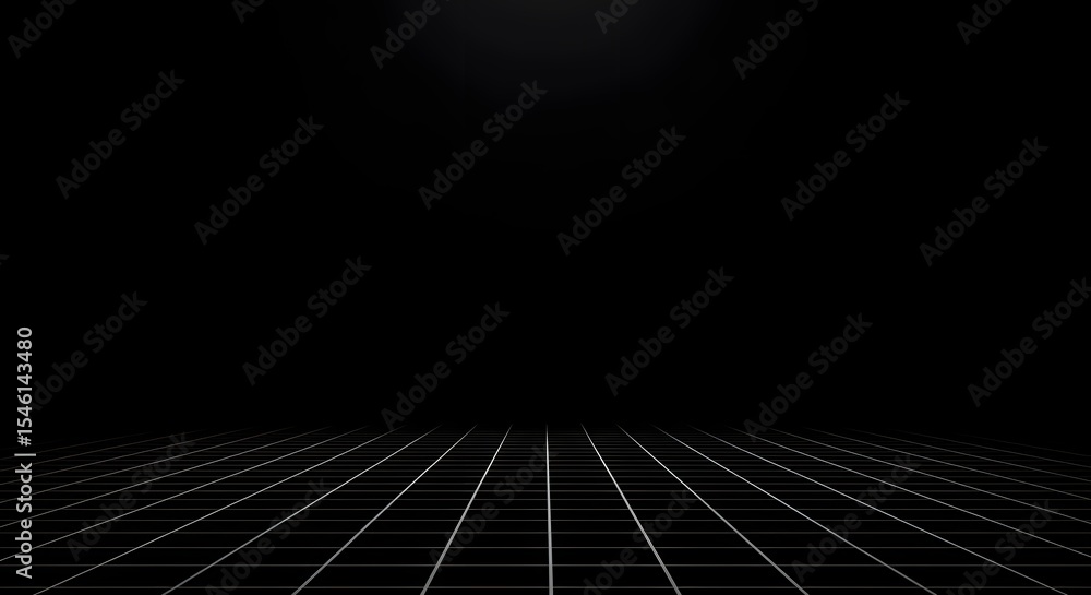 Poster a dark room with a grid floor receding into the distance under a black background and strong perspec