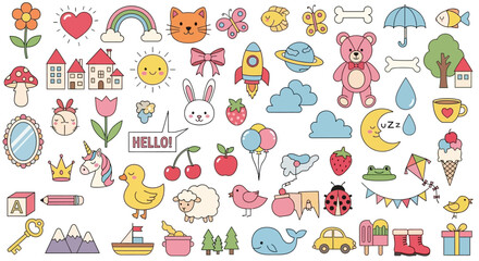 Adorable Cartoon Collection Cute Animals, Objects, and Nature Elements for Design Projects