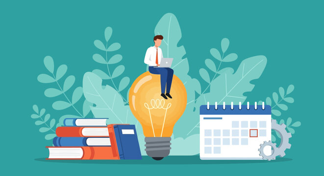 Innovative Business Ideas Planning, Strategy & Execution with Laptop, Calendar & Books