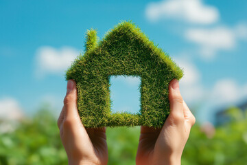 Sustainable grass home in hand highlighting green living and eco conscious building ideas