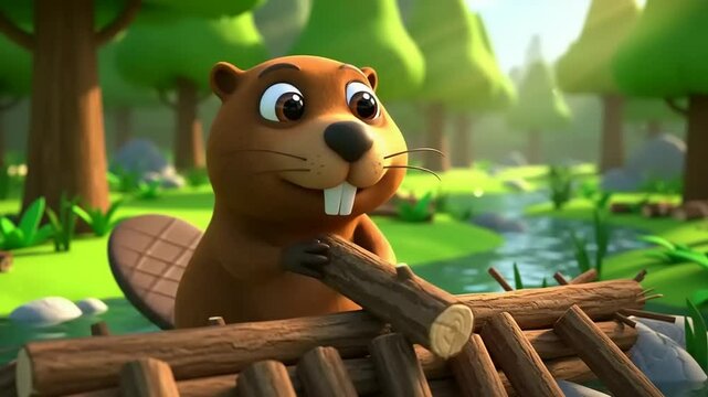 Cute cartoon beaver building a dam in a vibrant forest with a flowing stream and sunlight filtering through trees