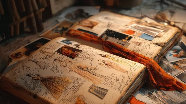Open fashion sketchbook full of dress design sketches with fabric swatches displayed