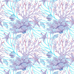 Seamless sea pattern of corals, shells, starfish and seaweed. Watercolor illustration of underwater animals. Hand drawn isolated art. Exotic background for fabric, textile, swimwear, baby products
