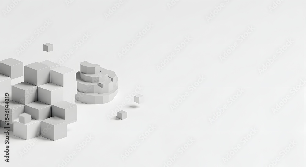 Aufkleber geometric arrangement of white cubes and stacked shapes on a white surface with soft shadows cast