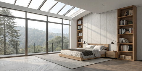 A Minimalist Bedroom Interior with Large Windows Creating an Open and Airy Atmosphere