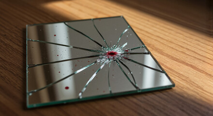 Broken mirror with red splatter on wooden surface in natural light  