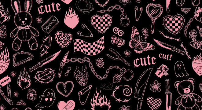 Pink and Black Cute Kawaii Seamless Pattern Design Goth Grunge Aesthetic