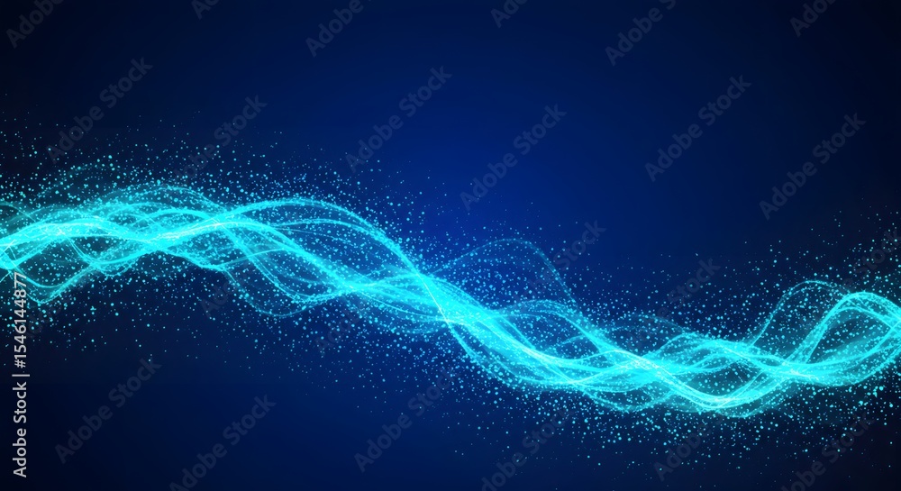 Poster a glowing teal wave with sparkling particles against a gradient dark blue background abstract design