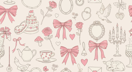 Romantic Seamless Pattern Roses, Bows, Hearts, and Vintage Elements