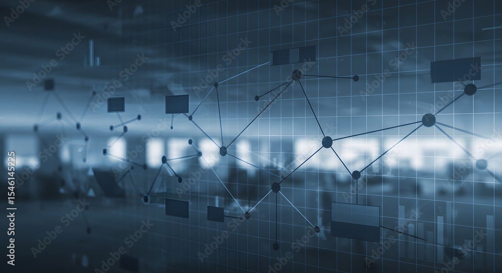Poster abstract network connecting nodes with lines overlaid on a blurred office environment in blue tones