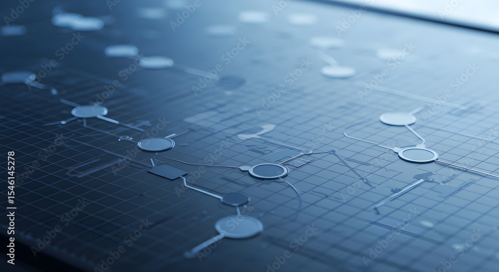 Aufkleber a network diagram with nodes and connections on a grid in shades of blue and gray showing data flow