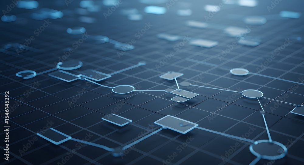 Poster abstract network visualization with glowing connections on a dark blue grid surface design concept