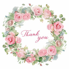 Floral wreath featuring pink roses and greenery with a message of gratitude in elegant lettering